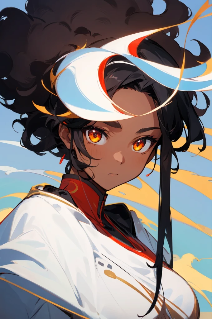 1female, dark skin, black hair, afro, golden eyes, calm expression, white and red yukata, skyscape background