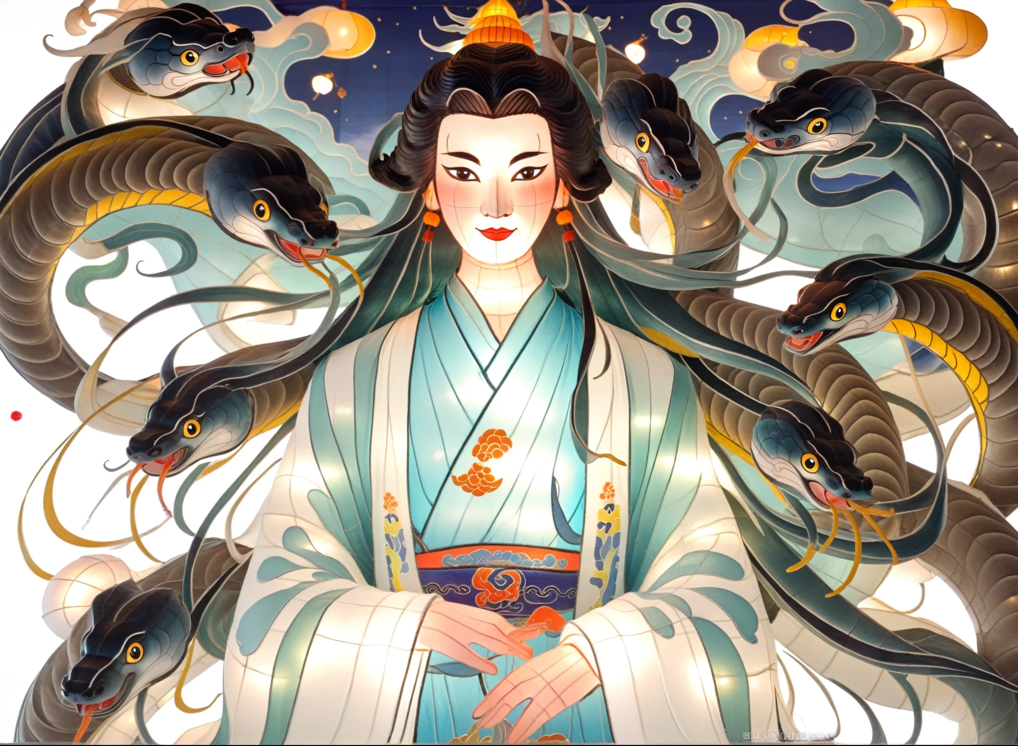 festive lantern,Front perspective,lamp,Nine tailed Snake,featuring traditional Chinese stories from "The Three Seas Sutra",Nine tailed Snake,eyes,cute,beard,wind,high-quality,masterpiece,night,RAW photo,cover art,wallpaper,rich details,festival lantern,(close-up),