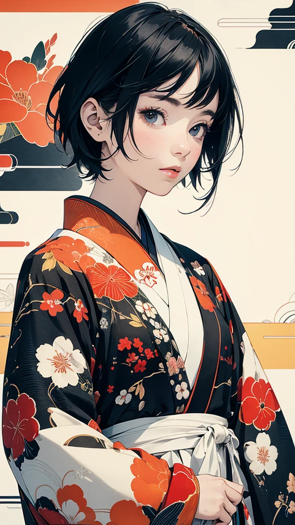 From above, Focus on the upper body, 20-year-old woman, Asymmetrical short hair, Japanese pattern jacket, Petal Collage, abstract design, artistic juxtapositions, And handle background, warm color, mixed-media approach, Anime Style, Simple lines, Digital Painting, (masterpiece, High resolution, Highest quality)