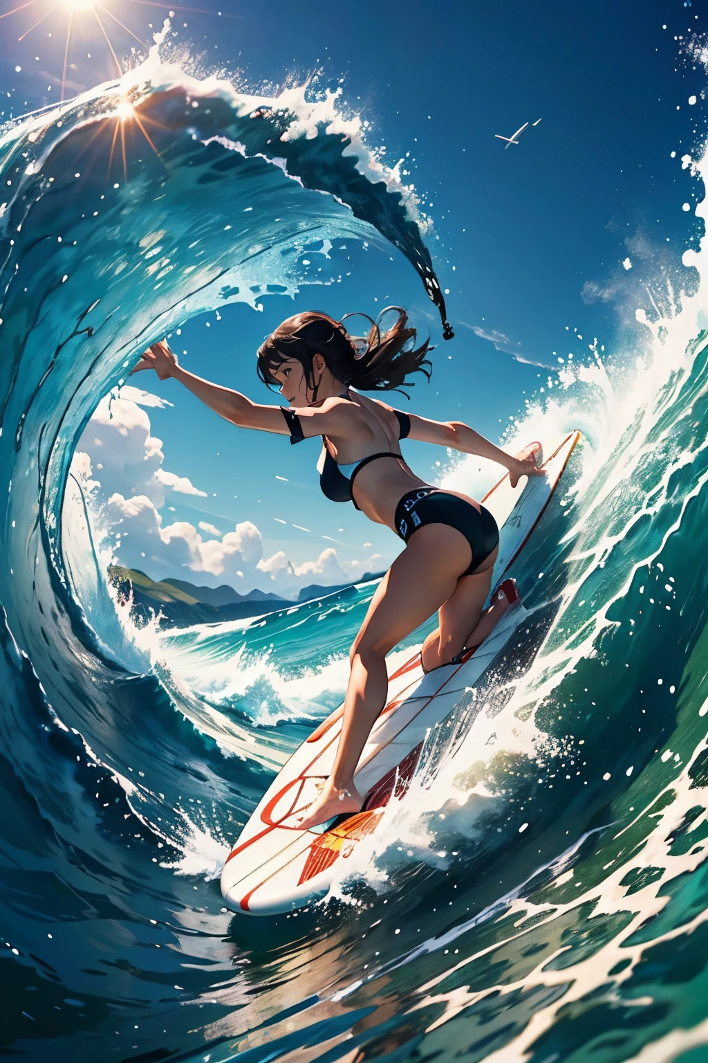 Female surfer riding a wave in the ocean early in the morning、surfing、  big wave surfing、Tube Wave、surfingの写真、Extreme Sports Photography、(Highest quality, masterpiece, High resolution)、8k、wallpaper