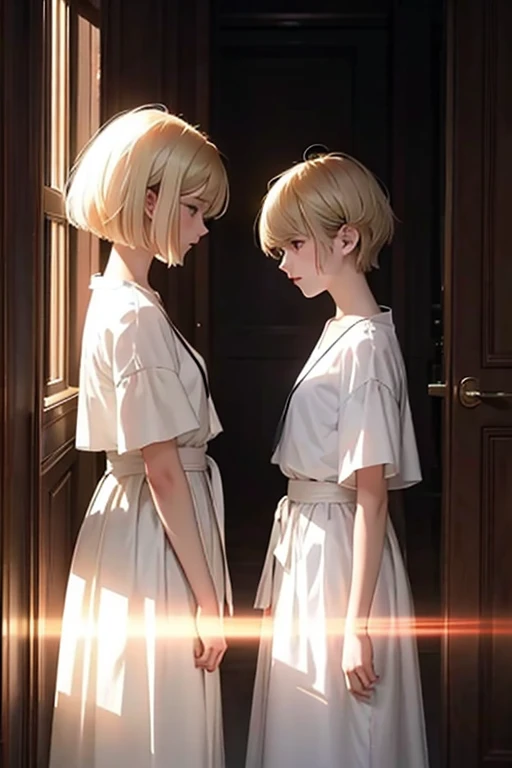 two girls. The first one is on the left, looks like light with reflections of fire, she stands on the side of light, in light clothes, she has blond short hair. The second one is on the right, looks like darkness, she stands on the side of darkness, in dark clothes, She has long dark hair. They are separated by a vertical line between light and darkness. The girls are standing facing each other