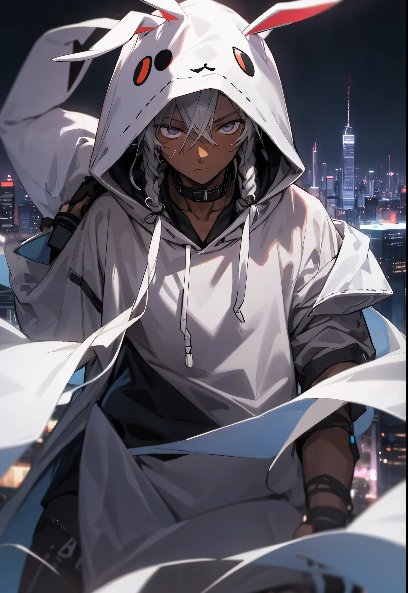 1male, dark skin, dreads, tied up hair, silver eyes, expressionless, bunny hoodie, nightlife cityscape background