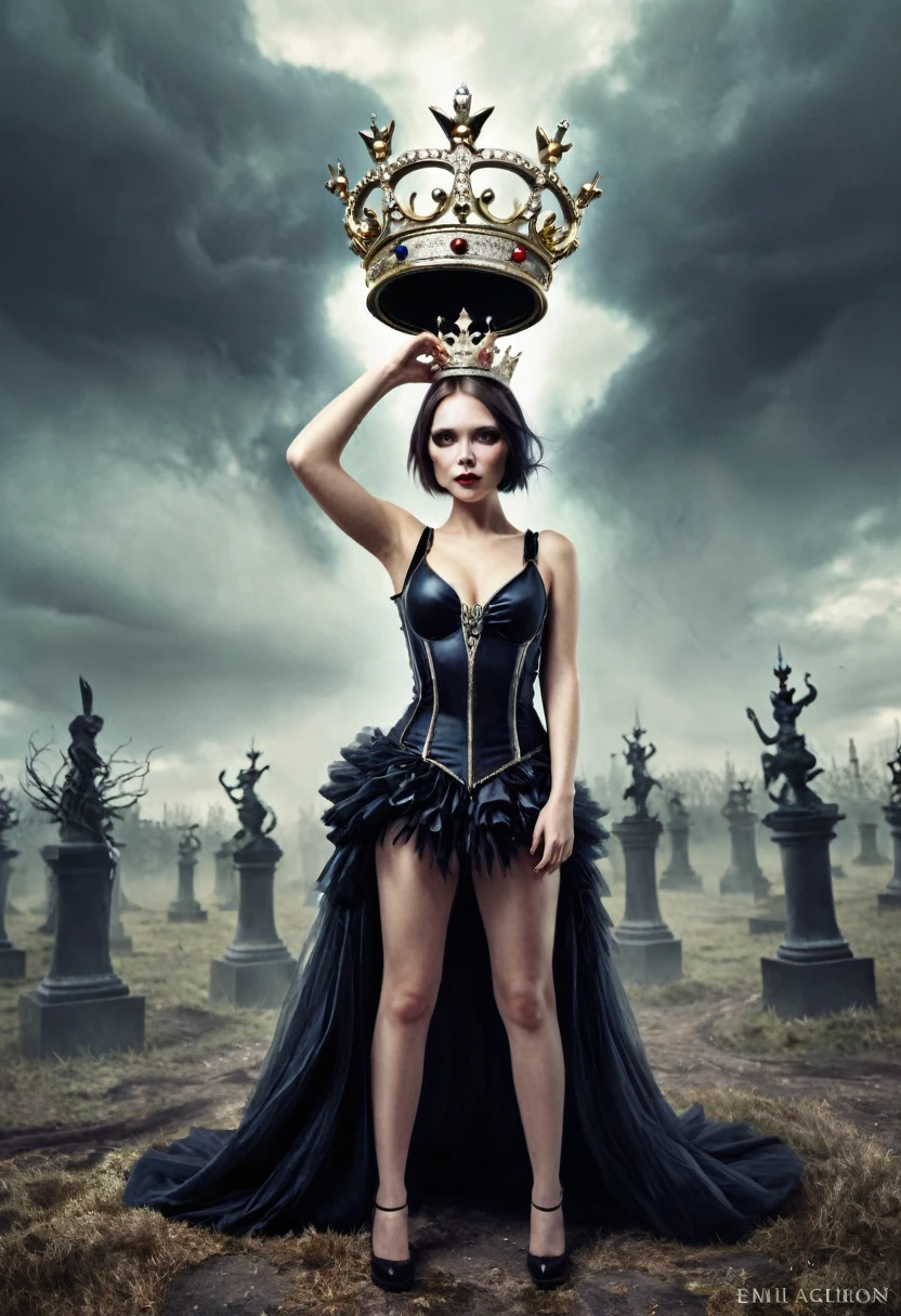 a high quality surreal illustration of "The English crown" and "Sick Obsession" with a surreal Catgirl celebrating "Victory Over the Fallen Foe", inspired by the art of Emil Melmoth