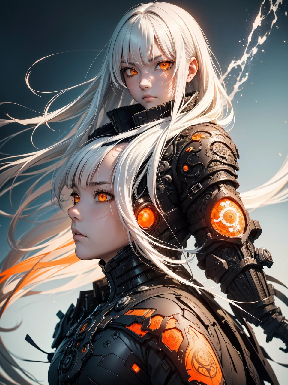 style of Tsutomu Nihei,(incredibly absurdres, (high resolution:1.18), intricate detail, (masterpiece:1.1), (highest quality:1.1), absurdres),(1girl, portrait, white hair, orange eyes, long hair, detailed eyes),
