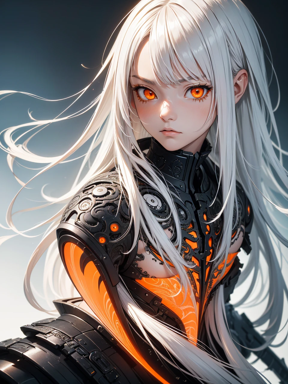 style of Tsutomu Nihei,(incredibly absurdres, (high resolution:1.18), intricate detail, (masterpiece:1.1), (highest quality:1.1), absurdres),(1girl, portrait, white hair, orange eyes, long hair, detailed eyes),