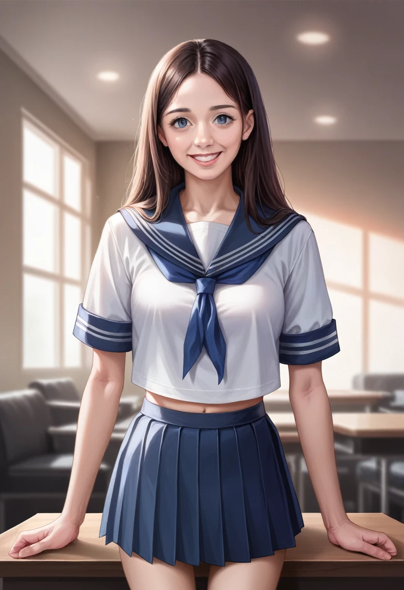 One Girl, (White shirt, Sailor , Navy blue pleated skirt:1.2), (:1.5), Young Face, Cute Face, (RAW Photos, Highest quality), (Realistic, Photorealistic:1.4), Tabletop, Sharp focus, Very delicate and beautiful, Very detailed, 2k wallpaper, wonderful, In detail, Very detailed CG Unity 8K 壁紙, Very detailed, High resolution, Soft Light, Beautiful detailed girl, Very detailed目と顔, Beautifully detailed nose, Beautiful attention to detail, Cute big eyes with double eyelids, Breaking in the bright living room, Cinema Lighting, Perfect Anatomy, Slender body, Black straight hair, Parted bangs, smile, View your viewers,
