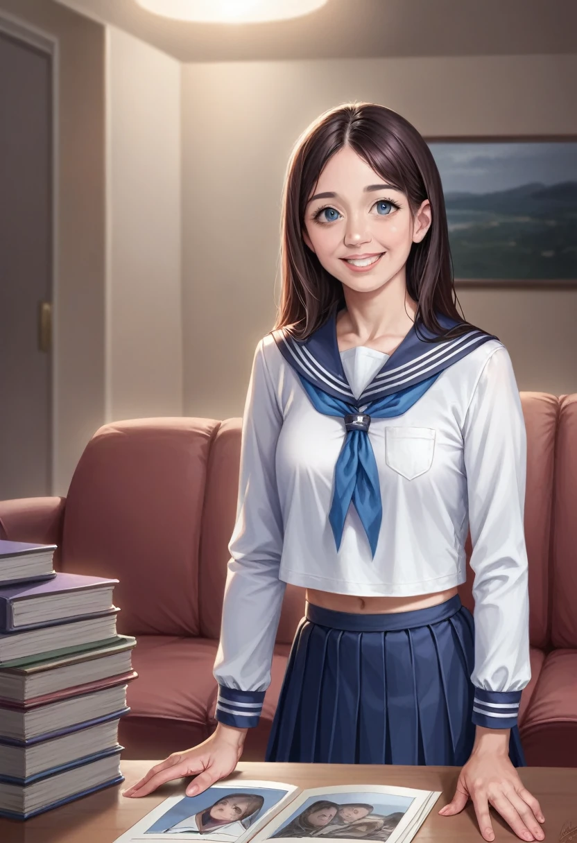 One Girl, (White shirt, Sailor , Navy blue pleated skirt:1.2), (:1.5), Young Face, Cute Face, (RAW Photos, Highest quality), (Realistic, Photorealistic:1.4), Tabletop, Sharp focus, Very delicate and beautiful, Very detailed, 2k wallpaper, wonderful, In detail, Very detailed CG Unity 8K 壁紙, Very detailed, High resolution, Soft Light, Beautiful detailed girl, Very detailed目と顔, Beautifully detailed nose, Beautiful attention to detail, Cute big eyes with double eyelids, Breaking in the bright living room, Cinema Lighting, Perfect Anatomy, Slender body, Black straight hair, Parted bangs, smile, View your viewers,