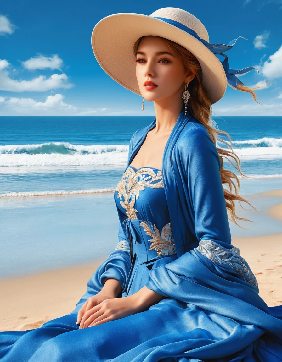 arafed woman in a blue dress and hat on the beach, karol bak uhd, beautiful digital artwork, painting of beautiful, gorgeous digital painting, style of karol bak, beautiful digital painting, beautiful digital art, beautiful gorgeous digital art, art of edouard bisson, beautiful digital illustration, elegant digital painting, beautiful character painting, realistic fantasy painting