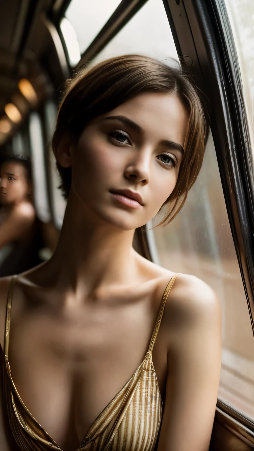 Photo cinematic portrait of an european woman dressed in a bohemian and elegsnt striped mini dress enhancing her cleavage, she has small breasts, sitting by the window of an old train in the early morning, early sunrays, one hand touching the window glass, she's a playmate, she is very shy but brave, men magazine model,cinematic, (tilted:1.3) (on an old train) look cautious,  under a spotlight, volumetric dust clouds, key light, backlight, soft natural lighting, photography Film grain ISO 400, 50 mm lens RAW f1.8 aperture, highly detailed (analog photography:1.5), colors hdr(Best quality, Ultra detailed, Golden ratio, Masterpiece:1.2), Theatrical lighting:0.9,  Perfect rare face, (Highly detailed skin), randomly messy short hair, skin texture, Pale skin, shiny skin, (thin, large size:1.2), [(Sharp focus on rare face, perfect eyes:1.2):0.2], photorealistic, film grain, from below looking up、look at camera、Emphasize the shoulders, fit arms, Focus on face、glasses、disdainful shy lovely expression, summer haze, muted colors, muted warm colors, 