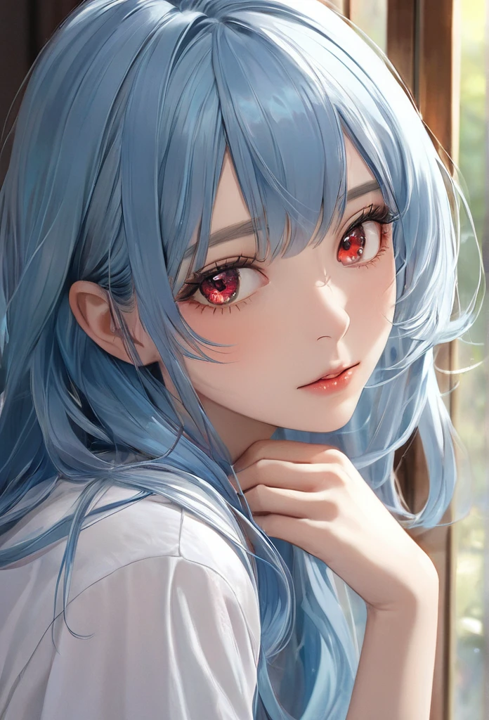 masterpiece , morning , close , beauty , Blue Hair , Parted bangs, Blue Hair/Light blue hair, Red eyes, Long Hair, 