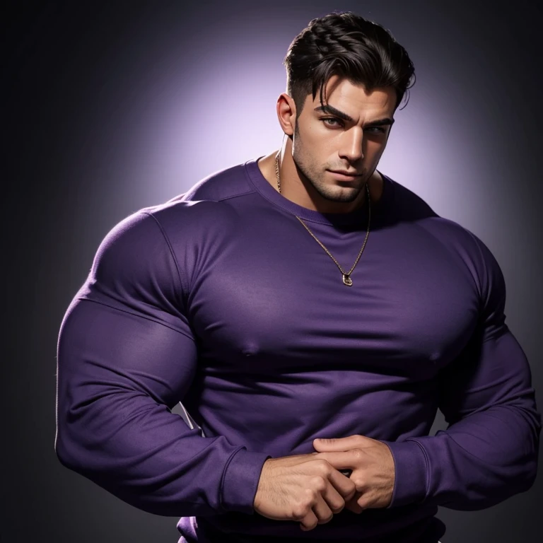 a very handsome young man, massively muscular, with massively large muscles, with massively large biceps, with massively large arms, wearing a simple purple sweatshirt with long sleeves, on a black background
