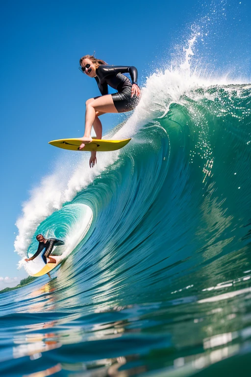 ((Highest quality)), ((masterpiece)), (detailed), Surfing, Enjoying surfing on the North Shore with dolphins jumping nearby