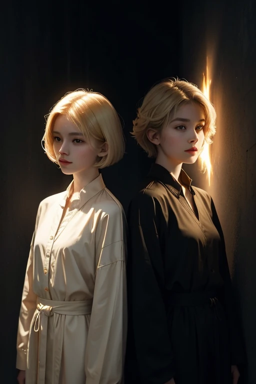 two girls. The first one is on the left, looks like light with reflections of fire, she stands on the side of light, in light clothes, she has blond short hair. The second one is on the right, looks like darkness, she stands on the side of darkness, in dark clothes, She has long dark hair. They are separated by a vertical line between light and darkness. The girls are standing facing each other