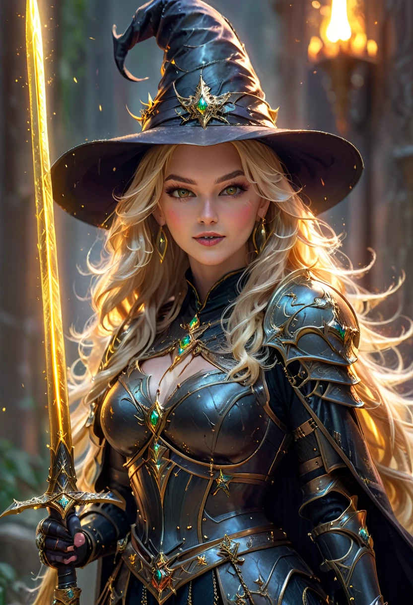 Beautiful Witch Blonde Girl and with two Golden Sharped Sword with a Beautiful Blonde Long Flowing Hair wearing a Witch Hat and wearing a Witch Chestplate Armor with Jewelry Earrings with Makeup with the Best Quality with High Details with Textured Skin as a Masterpiece in a High Resolution in 8K Quality, proud pose with two long golden sharped sword, fierce expression with light smile,