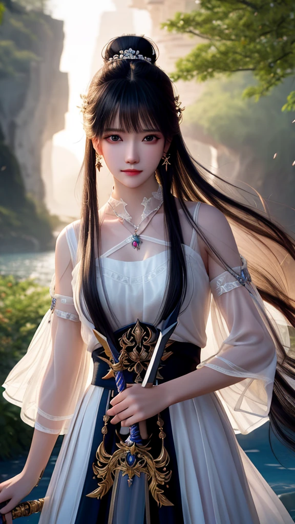 best quality,masterpiece,highres,cg,
1girl,weapon,sword,long hair,dress,water,solo,jewelry,white dress,earrings,hair ornament,splashing,upper body,hair bun,black hair,
lighting,candid,Photograph,high resolution,4k,8k,Bokeh,