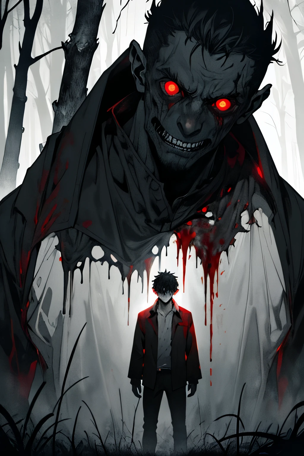 A chilling horror book cover, set against a backdrop of a dark, misty forest at night, features a terrified young man in the foreground. His face is pale and sweaty, illuminated by a harsh, cold light that casts eerie shadows. The man stares directly at the viewer with wide, fear-filled eyes, their whites showing in contrast to the deep, haunting black of his irises. He's wearing a tattered, blood-stained white shirt, the fabric clinging to his trembling frame.
Looming behind him is a nightmarish monster, partially obscured by the shadows. The creature has multiple glowing red eyes, their intensity matching the man