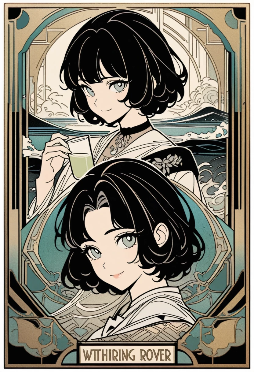 art deco, card, frames, vintage, art deco poster, high quality, female, belle, belle from zenless zone zero, zenless zone zero, dress, formal, holding glass, beautiful face, cute face, short hair, dark blue hair, smiling, upper body, masterpiece, detailed, line art, straight lines, clear art, great gatsby, flat art