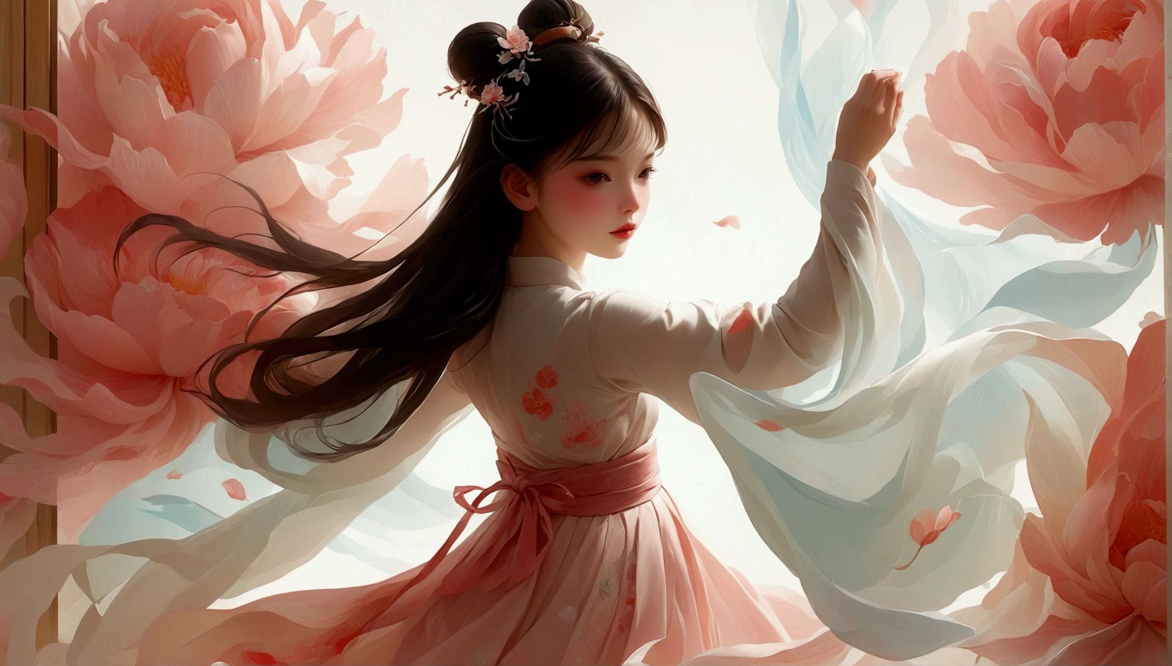Show full body dance moves；Beautiful dance photography；A little girl，Solitary；A dancing little girl；[Black Eyeball，confidence，High and cold，happy]；[Long skirt，Elegant，Long sleeve；Set，Light pink and white gradient，Traditional style，The skirt has no pattern，Long skirt下摆像花瓣，Connect with the background,]；[Full body panorama 1.5]，Character front；Composition：The character is on the right side of the screen；Long hair in the wind,advanced sense,Fashion, Dynamic photography, Loop video, Fascinating movement, captivating visuals, Seamless integration, Compelling storytelling, Vortex phenomenon, Angled form, Dynamic photography；Influence of modernism, nature, , modern Art, Astonishing, blur background, Art from (Alessio Albi:1.1), Soft lighting，Character front光, happy emotion, Simple style；Minimalism。Panoramic photography；Shallow depth of field, Extraordinary details, masterpiece, high quality, 4K，cinematic lighting, motion blur, depth of field, sparkle, ray tracing, reflection light, anatomically correct, uhd, textured skin, best quality, super detail, highres, high details, accurate, high quality, award winning。
