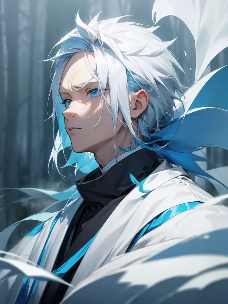 1male, white hair, blue dyed tips, light blue eyes, serious expression, white and blue yukata, foggy forest background