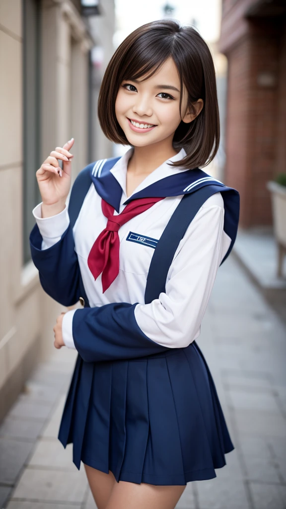 The following characters are recreated in a realistic Pixar style::Generated in 16 sizes。- **Head:**
- Short brown hair, slightly tousled and layered.
- Large, expressive brown eyes.
- Light skin tone.
- Smiling expression with a gentle and friendly demeanor.
- **Upper Body:**
- Wearing a navy sailor-style (seifuku).
- The uniform has a yellow neckerchief tied at the front.
- Long sleeves with white cuffs.
- **Lower Body:**
- Matching navy pleated skirt, extending to just above the knees.
- **Pose:**
- Standing with a relaxed posture.
- Left hand raised and resting on the back of the head.
- Right hand hanging down by her side.
- **Overall Appearance:**
- Youthful and cheerful look, typical of a high school student.
- The character appears friendly and approachable, with a casual and natural pose.
No background