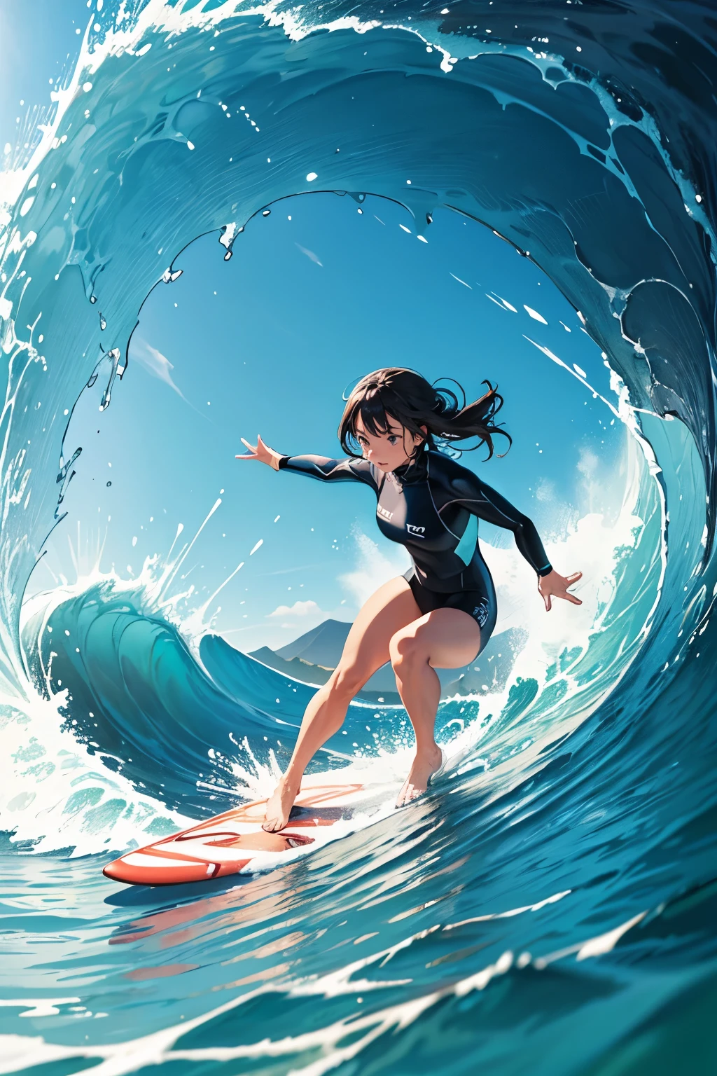 Female surfer riding a wave in the ocean early in the morning、surfing、  big wave surfing、Tube Wave、surfingの写真、Extreme Sports Photography、(Highest quality, masterpiece, High resolution)、8k、wallpaper