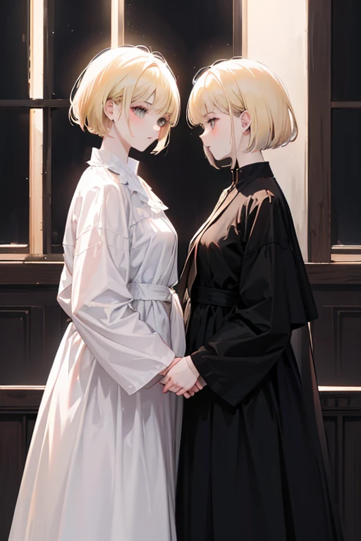 two girls. The first one is on the left, looks like light with reflections of fire, she stands on the side of light, in light clothes, she has blond short hair. The second one is on the right, looks like darkness, she stands on the side of darkness, in dark clothes, She has long dark hair. They are separated by a vertical line between light and darkness. The girls are standing facing each other