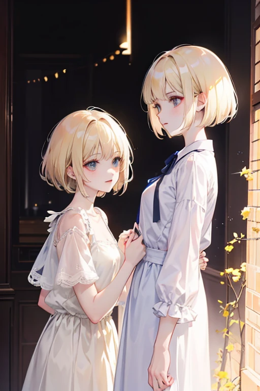 two girls. The first one is on the left, looks like light with reflections of fire, she stands on the side of light, in light clothes, she has blond short hair. The second one is on the right, looks like darkness, she stands on the side of darkness, in dark clothes, She has long dark hair. They are separated by a vertical line between light and darkness. The girls are standing facing each other