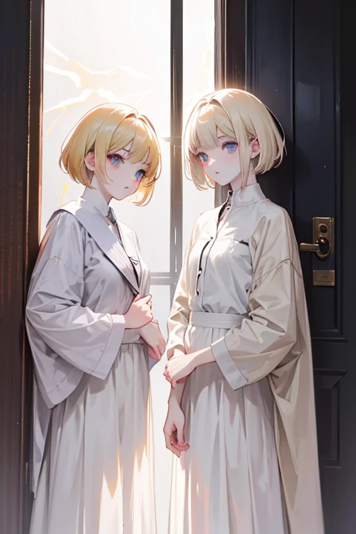 two girls. The first one is on the left, looks like light with reflections of fire, she stands on the side of light, in light clothes, she has blond short hair. The second one is on the right, looks like darkness, she stands on the side of darkness, in dark clothes, She has long dark hair. They are separated by a vertical line between light and darkness. The girls are standing facing each other
