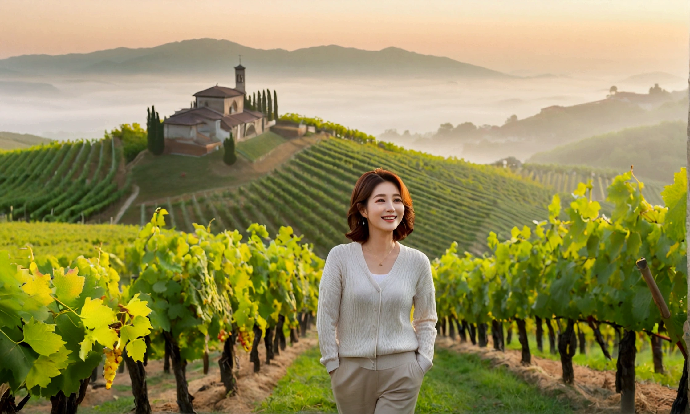 Italy foggy countryside dawn, Endless vineyards, A cathedral can be seen far away in the fog.. Korean woman in her 40s, Wearing a luxury brand slightly thick knit, casual pants, Korean woman with short and medium hair, hair is beautiful. Standing on a path on top of a vineyard hill, Beautiful Korean woman with bright and clear skin, the neck is long and beautiful. Inspired by Yoo Ji-in. Beautiful Korean woman smiling, standing in the vineyard,1 woman, Your eyes are big and pretty, standing on a hill in a vineyard, 1 woman, Clear picture quality, Fair skin and no wrinkles on the neck, The eyes are clear and big, Hair texture is clean and shiny, eyes are big, three dimensional grape leaves, Put your hands in your pockets