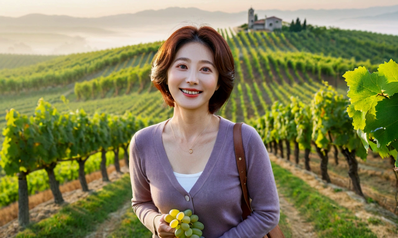Italy foggy countryside dawn, Endless vineyards, A cathedral can be seen far away in the fog.. Korean woman in her 40s, Wearing a luxury brand slightly thick knit, casual pants, Korean woman with short and medium hair, hair is beautiful. Standing on a path on top of a vineyard hill, Beautiful Korean woman with bright and clear skin, the neck is long and beautiful. Inspired by Yoo Ji-in. Beautiful Korean woman smiling, standing in the vineyard,1 woman, Your eyes are big and pretty, standing on a hill in a vineyard, 1 woman, Clear picture quality, Fair skin and no wrinkles on the neck, The eyes are clear and big, Hair texture is clean and shiny, eyes are big, three dimensional grape leaves, Put your hands in your pockets