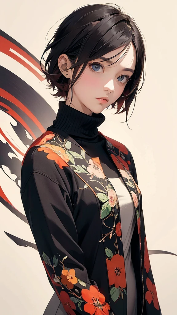 From above, Focus on the upper body, 20-year-old woman, Asymmetrical short hair, Turtleneck and jacket coordination, Petal Collage, abstract design, artistic juxtapositions, And handle background, warm color, mixed-media approach, Anime Style, Digital Painting, (masterpiece, High resolution, Highest quality)