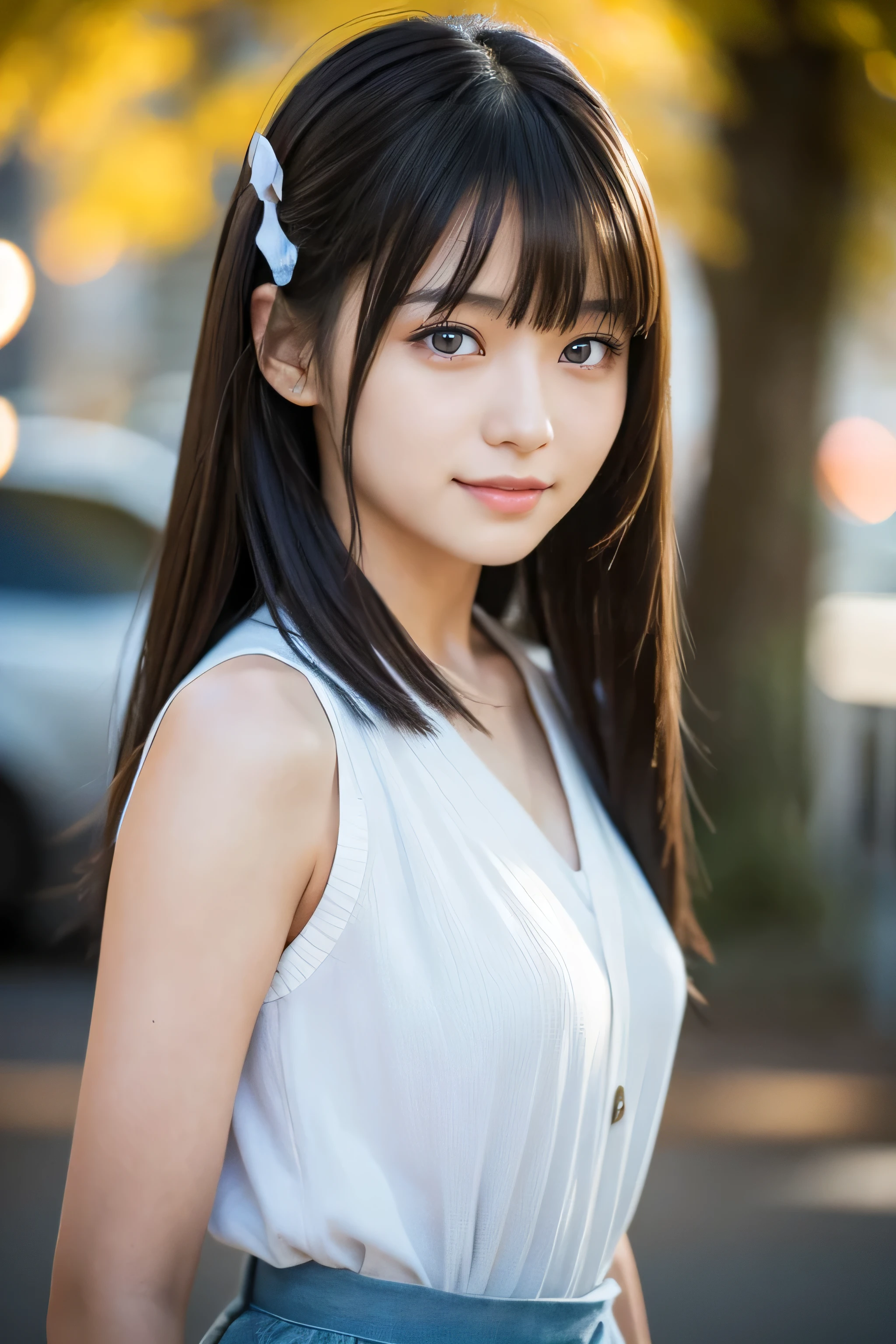 young japanese female model, 20 years old, short height, long brunette hair, bangs hairstyle, blue eyes, 8k resolution, highly detailed, hair ribbon, light smile, Hyperrealism, cinematic lighting, from below, bokeh, masterpiece, UHD, textured skin, super detail, high details, high quality, award winning, best quality, highres, 16k