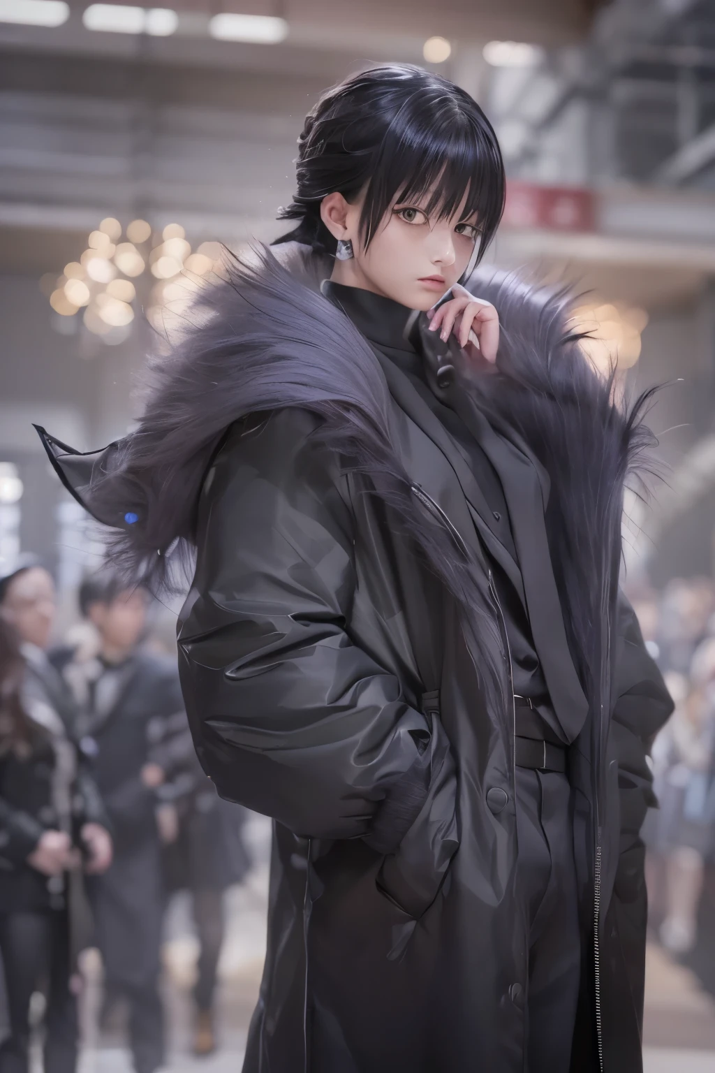 RAW Photos、((((Extreme beauty)))、Upper Body、HUNTER×HUNTER Chrollo=Lucilfer)、ung person、Staring at the audience、Fur trim、Black long coat、Open Court、Long sleeve、Black trousers、Bold Pose、Simple Background、all back、