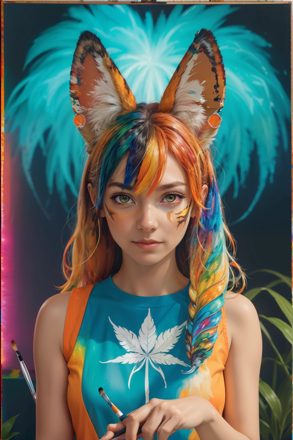 ((Holding a paintbrush)),(masterpiece:1.1), (Highest quality:1.1), (High resolution:1.0), Superior quality, CG, (Negative Space), Detailed face+eye, One girl, Fox Ears, Animal ear hair, (plant:1.18), (Fractal Art), (Bright colors), Colorful background, color combination, Paint splashes, Complementary Color, neon, (Thunder Tiger), considerate, Electrical, Limited edition palette, Synthwave, Fine art, Sunburn, Upper Body, (Green and orange:1.2), time stops, sy3, CPA