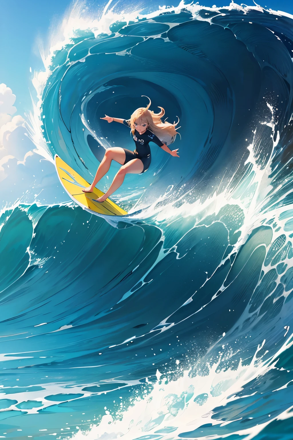 Female surfer riding a wave in the ocean early in the morning、surfing、  big wave surfing、Tube Wave、surfingの写真、Extreme Sports Photography、(Highest quality, masterpiece, High resolution)、8k、wallpaper