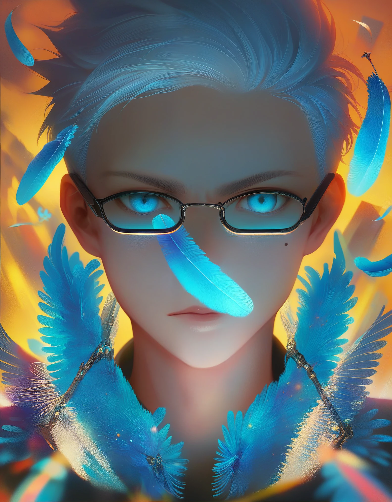 (score_9, score_8_up, score_7_up), zPDXL, 1 boy, alone, looking at viewer, simple warm colored background, neon blue eyes, close-up, short hair, white hair, broken glasses, lenses, neon blue feathers falling, serious look, determination, dark aura, front view, masterpiece, best quality, hyper detailed, cinematic light, intricate detail, high resolution, official art, detailed glow, blue light feathers, portrait, the pupil of the eyes with detailed structures, miracle, dark atmosphere, neon blue feathers, mole, jewelry accessories, diffraction peak, vibrant colors, concept artist, electronic links, falling feather