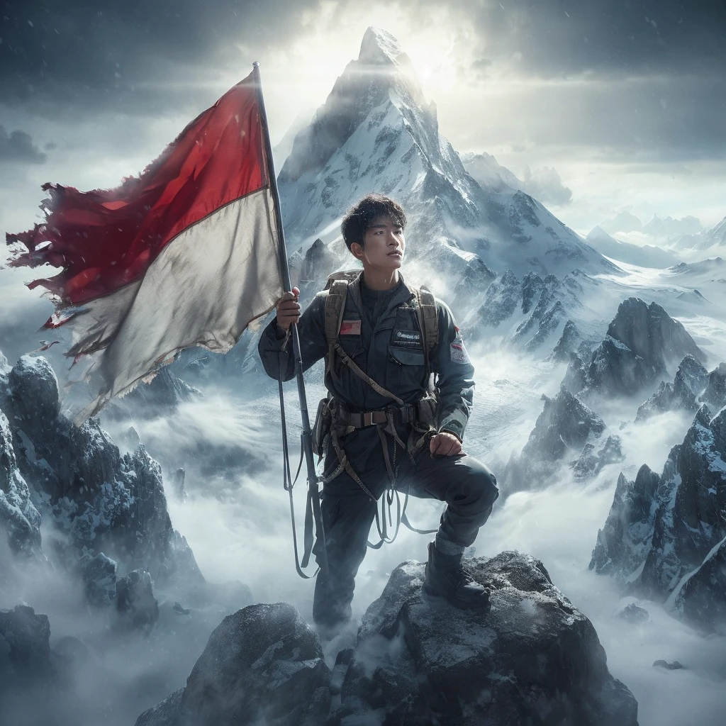 “hyper-realistic, photography wide view, enchanting image of a korean man with very short curly hair,ideal height, wearing torn hiking uniform and torn black jacket.he rising up the torn red and white Indonesian flag in his arm. a mystical peak mountain, surrounded by a snow.The peak is filled with strom snow, ethereal light filtering through the strom. The man's stand strong expression.”