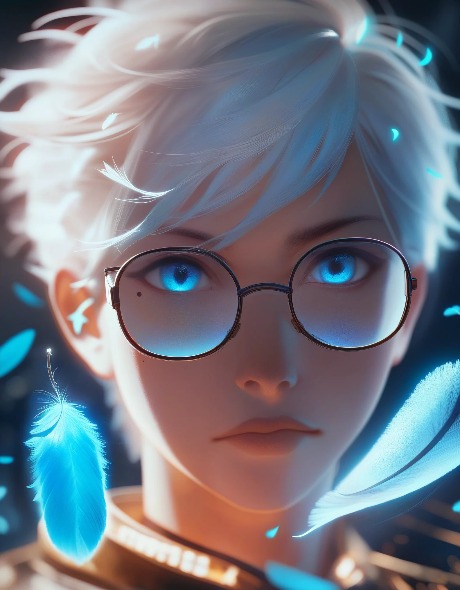 (score_9, score_8_up, score_7_up), zPDXL, 1 boy, alone, looking at viewer, simple warm colored background, neon blue eyes, close-up, short hair, white hair, broken glasses, lenses, neon blue feathers falling, serious look, determination, dark aura, front view, masterpiece, best quality, hyper detailed, cinematic light, intricate detail, high resolution, official art, detailed glow, blue light feathers, portrait, the pupil of the eyes with detailed structures, miracle, dark atmosphere, neon blue feathers, mole, jewelry accessories, diffraction peak, vibrant colors, concept artist, electronic links, falling feather