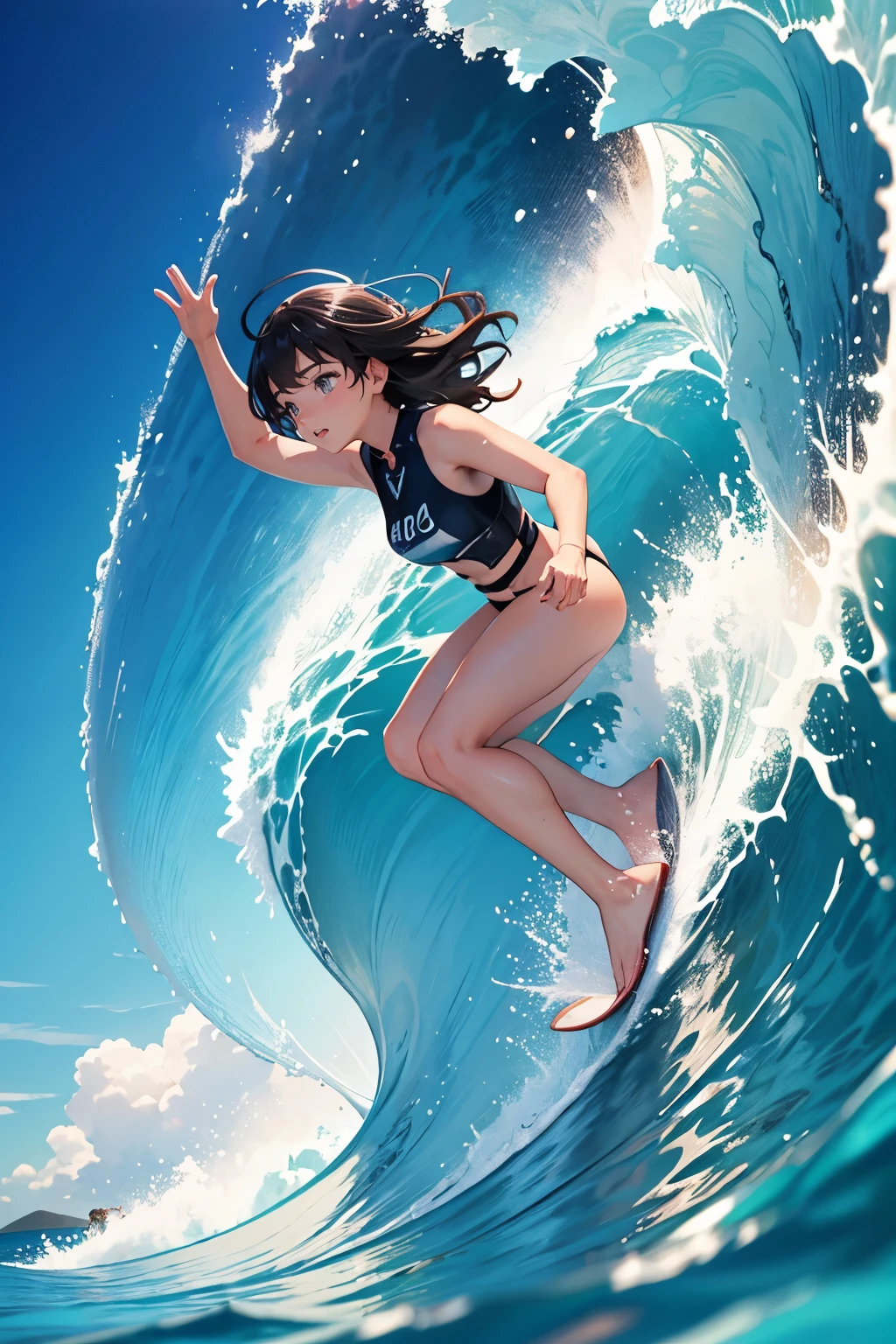 Female surfer riding a wave in the ocean early in the morning、surfing、 big wave surfing、Tube Wave、surfingの写真、Extreme Sports Photography、(Highest quality, masterpiece, High resolution)、8k、wallpaper