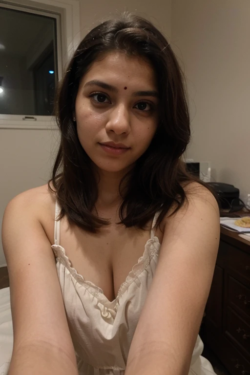 ((moderate quality) (detailed), typical brown skinned uglyindian girl front camera selfie image night low dim light bedroom in night dress selfie gallery image