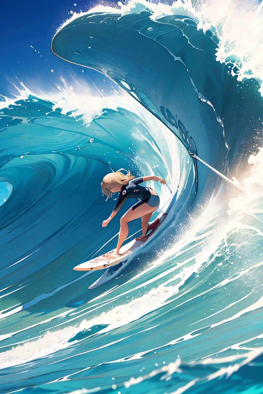 Female surfer riding a wave in the ocean early in the morning、surfing、  big wave surfing、Tube Wave、surfingの写真、Extreme Sports Photography、(Highest quality, masterpiece, High resolution)、8k、wallpaper