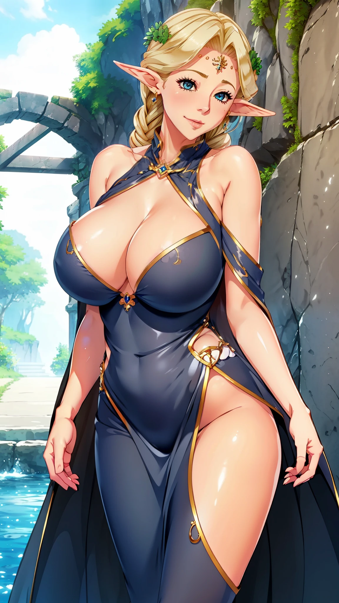 Simple nature background, black Dress,Cape, cleavage, earrings, elf,Jewelry, long pointy ears, Blonde hair,Blue eyes,Bangs,circlet,Single braid, 1 girl, 20yr old,infp young woman,Beautiful Finger,Beautiful long legs,Beautiful body,Beautiful nose,Beautiful character design, Perfect eyes, Perfect face,Expressive eyes,Perfect balance, Looking at Viewer,(Focus on her face),Closed mouth, (Innocent_Big_Eyes:1.0),light_Smile, Official art,Highly detailed CG Unity 8K wallpaper, Perfect Lighting,Colorful, Bright_front_Face_Lighting,Shiny skin, (masutepiece:1.0),(best_quality:1.0), 超A high resolution,4K,Ultra-detailed, barechested nude photography, 8K, nffsw, hight resolution, absurderes:1.2, Kodak Portra 400, Film grain, Blurry background, Bokeh:1.2, Lens Flare, (Vibrant_Color:1.2),professional photograpy, (Beautiful,Huge_breasts:1.4), (Beautiful_Face:1.5),(narrow_waist),
