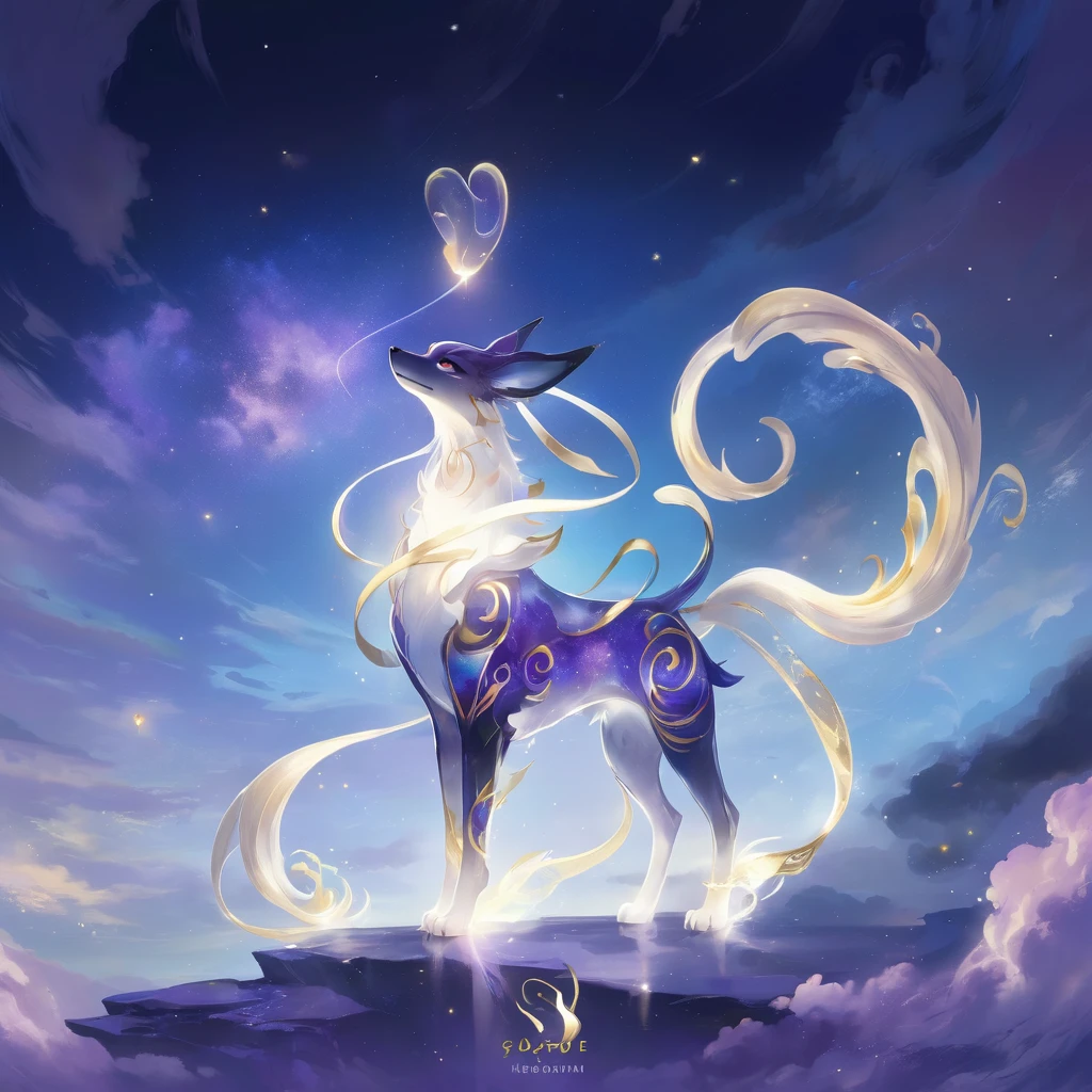 A celestial Pokémon design with an elegant dog-like body, long tail and ears, glowing golden eyes, and the silhouette of another creature floating above its head. The background is deep blue sky with swirling white clouds, and there's an ethereal glow around it. It has purple highlights on scales and gold accents. In Artgerm style, with detailed brushwork and vibrant colors.