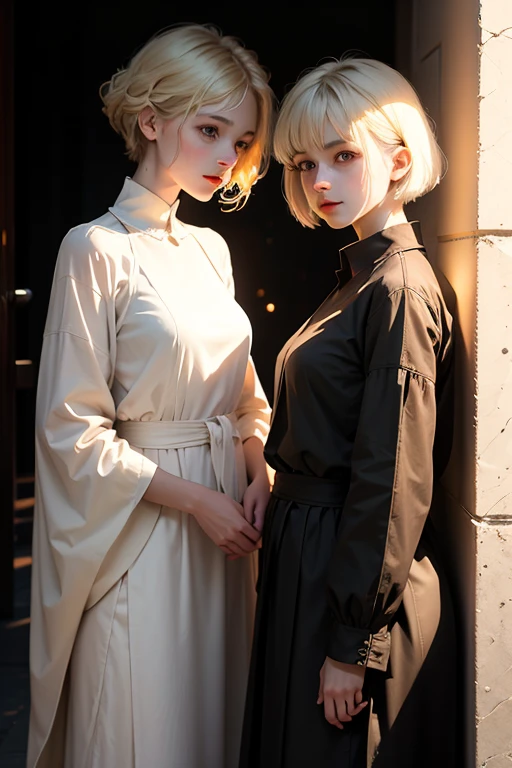 two girls. The first one is on the left, looks like light with reflections of fire, she stands on the side of light, in light clothes, she has blond short hair. The second one is on the right, looks like darkness, she stands on the side of darkness, in dark clothes, She has long dark hair. They are separated by a vertical line between light and darkness. The girls are standing facing each other