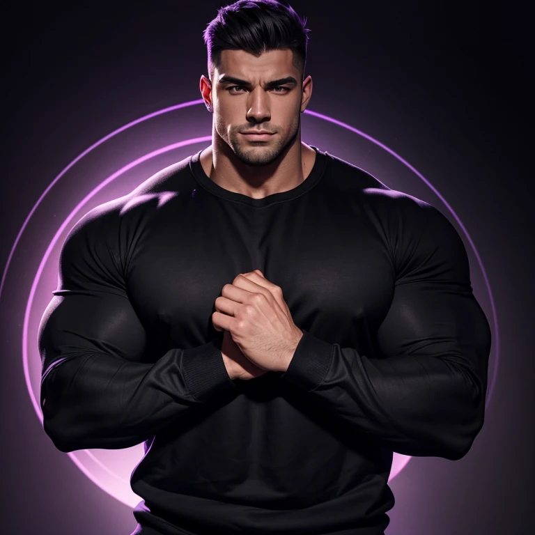 a very handsome young man, massively muscular, with massively large muscles, with massively large biceps, with massively large arms, wearing a simple black sweatshirt with purple long sleeves, on a black background with a purple light