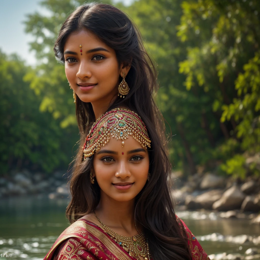 a beautiful young indian girl, stunning detailed face, high cheekbones, full lips, long eyelashes, piercing eyes, flowing dark hair, intricate traditional indian clothing, vibrant colors, standing by a river, joyful expression, beaming smile, cultural pride, (best quality,4k,8k,highres,masterpiece:1.2),ultra-detailed,(realistic,photorealistic,photo-realistic:1.37),HDR,UHD,studio lighting,ultra-fine painting,sharp focus,physically-based rendering,extreme detail description,professional,vivid colors,bokeh
