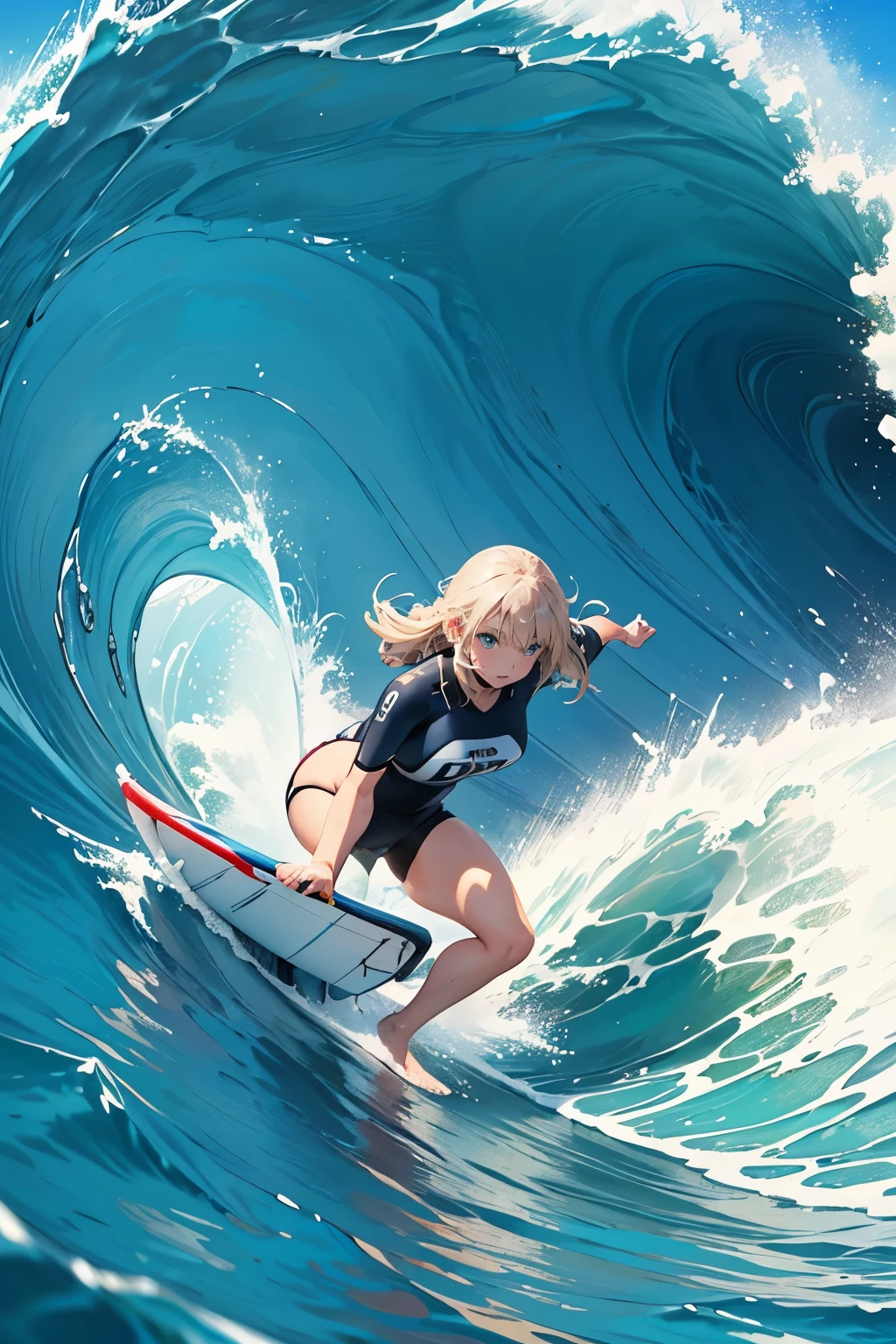 Female surfer riding a wave in the ocean early in the morning、surfing、  big wave surfing、Tube Wave、surfingの写真、Extreme Sports Photography、(Highest quality, masterpiece, High resolution)、8k、wallpaper