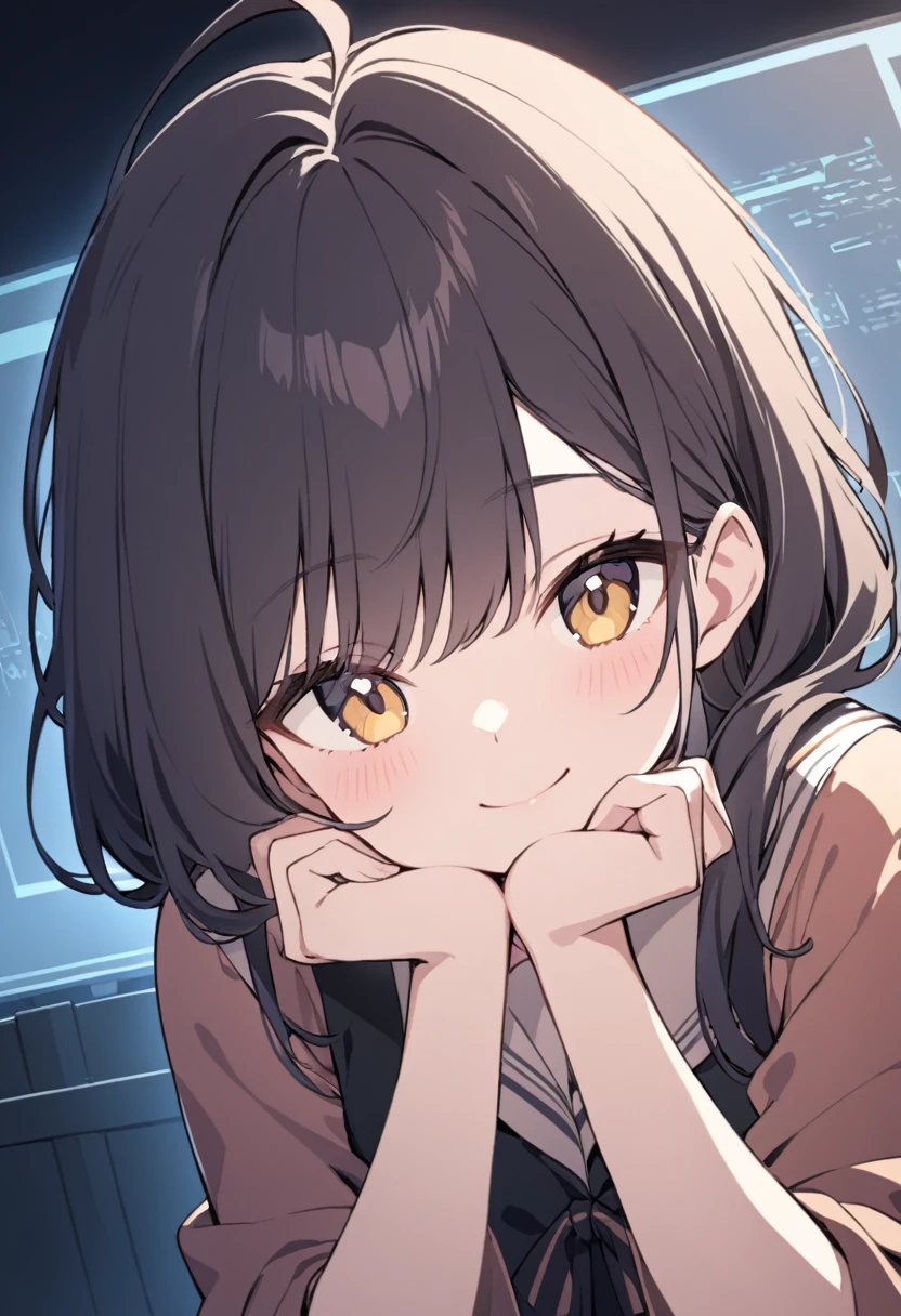 Dark Room,A girl resting her chin on her hands,smile