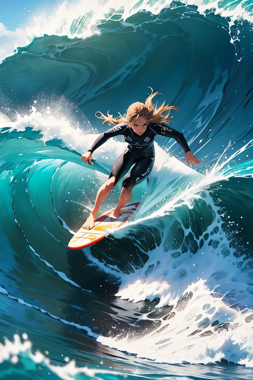 Female surfer riding a wave in the ocean early in the morning、surfing、  big wave surfing、Tube Wave、surfingの写真、Extreme Sports Photography、(Highest quality, masterpiece, High resolution)、8k、wallpaper