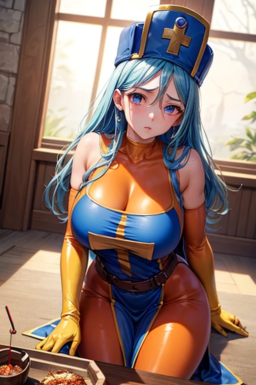 masterpiece, Highest quality,  Unreal Engine,  Super Resolution,  Very detailed, 

Beautiful woman, Dragon Quest Female Monk, long sky blue hair, Blue priest hat, (Orange bodysuit), Mitra, Tabard, Elbow-length gloves, Vivid expression, Healthy Body, Beautifully detailed sweat glands, Smooth skin texture, Carefully drawn, 

(humidity:1.5), (Lewd Scent:1.5), Beautiful Eyes, (Attractive face:1.2), (Beautiful Skin), Tight waist, (Big Breasts), Round Breasts, (Sticky with sweat), Irresistibly sexy pose, 

In the world of Dragon Quest, ((In a room filled with the smoke of aphrodisiac incense)), 